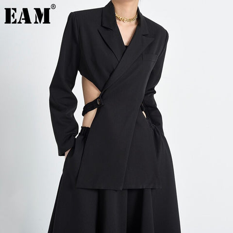 [EAM]  Women Black Backless Hollow Out Irregular Blazer Lapel Long Sleeve Loose Jacket Spring Autumn 2022 1T44701S