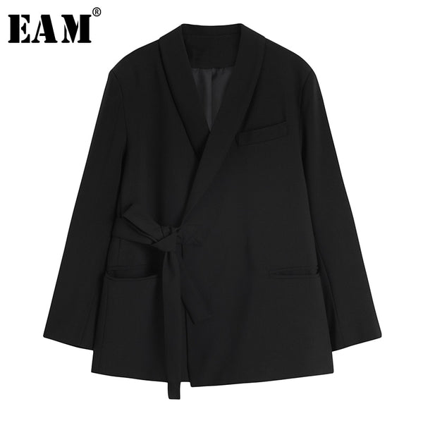 [EAM]  Women Black Bandage Big Size Blazer Lapel Long Sleeve Loose Fit  Jacket Tide Spring Autumn 2022 1X786