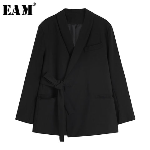 [EAM]  Women Black Bandage Big Size Blazer Lapel Long Sleeve Loose Fit  Jacket Tide Spring Autumn 2022 1X786