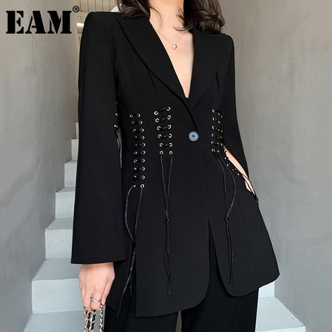 [EAM]  Women Black Bandage Vent Stitch Blazer Lapel Long Sleeve Loose Fit  Jacket Tide Spring Autumn 2022 1DB308