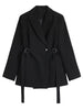 [EAM]  Women Black Belted Casual Elegant Blazer Lapel Long Sleeve Loose Fit Jacket Tide Spring Autumn 2023 1DE6477