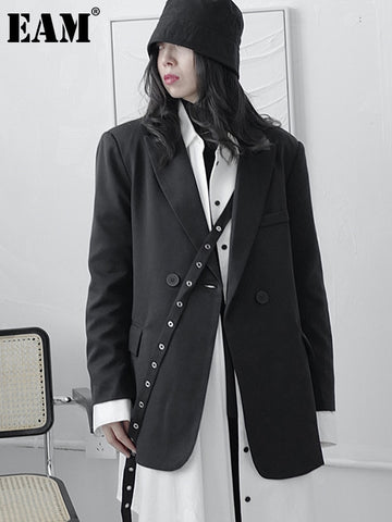 [EAM]  Women Black Big Size Irregular Blazer Lapel Long Sleeve Loose Fit Jacket Tide Spring Autumn 2023 1DD7642