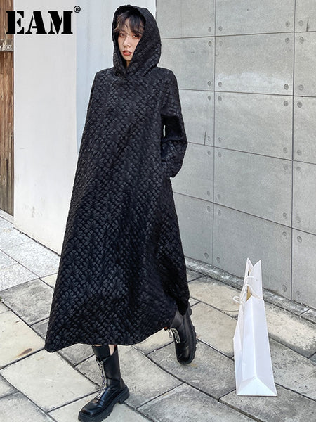 [EAM] Women Black Big Size Jacquard Casual Long Dress Hooded Long Sleeve Loose Fit Tide Spring Autumn 2023 1DE6438