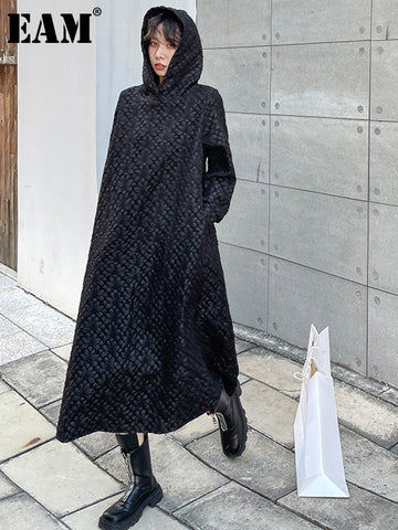 [EAM] Women Black Big Size Jacquard Casual Long Dress Hooded Long Sleeve Loose Fit Tide Spring Autumn 2023 1DE6438