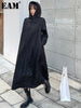 [EAM] Women Black Big Size Jacquard Casual Long Dress Hooded Long Sleeve Loose Fit Tide Spring Autumn 2023 1DE6438