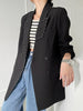 [EAM]  Women Black Big Size Line Spliced Blazer Lapel Long Sleeve Loose Fit Jacket Tide Spring Autumn 2023 1DE2617