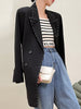 [EAM]  Women Black Big Size Line Spliced Blazer Lapel Long Sleeve Loose Fit Jacket Tide Spring Autumn 2023 1DE2617
