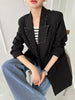 [EAM]  Women Black Big Size Line Spliced Blazer Lapel Long Sleeve Loose Fit Jacket Tide Spring Autumn 2023 1DE2617