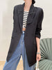 [EAM]  Women Black Big Size Line Spliced Blazer Lapel Long Sleeve Loose Fit Jacket Tide Spring Autumn 2023 1DE2617