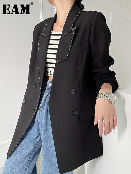 [EAM]  Women Black Big Size Line Spliced Blazer Lapel Long Sleeve Loose Fit Jacket Tide Spring Autumn 2023 1DE2617