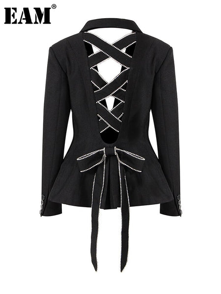 [EAM]  Women Black Bow Hollow Out Rhinestones Blazer Lapel Long Sleeve Loose Fit Jacket Spring Autumn 2023 1DE6215