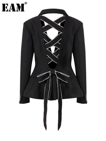 [EAM]  Women Black Bow Hollow Out Rhinestones Blazer Lapel Long Sleeve Loose Fit Jacket Spring Autumn 2023 1DE6215