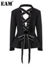 [EAM]  Women Black Bow Hollow Out Rhinestones Blazer Lapel Long Sleeve Loose Fit Jacket Spring Autumn 2023 1DE6215