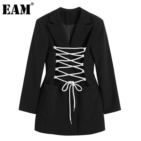 [EAM]  Women Black Brief Bandage Temperament Blazer Lapel Long Sleeve Loose Fit  Jacket Spring Autumn 2022 1DB407