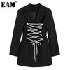 [EAM]  Women Black Brief Bandage Temperament Blazer Lapel Long Sleeve Loose Fit  Jacket Spring Autumn 2022 1DB407