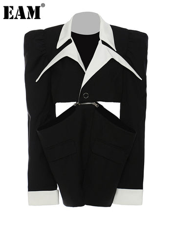 [EAM]  Women Black Color-black Shaped Big Size Blazer Lapel Long Sleeve Loose Fit Jacket Spring Autumn 2023 1DE6069