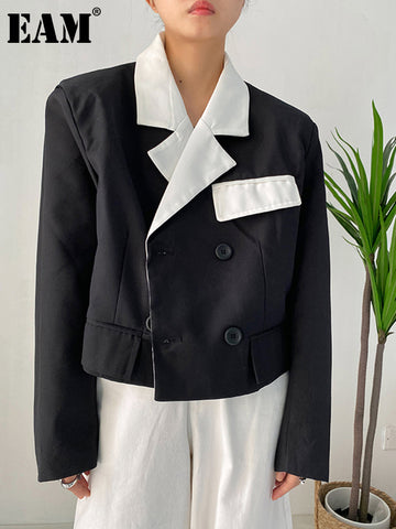 [EAM]  Women Black Color-block Big Size Short Blazer Lapel Long Sleeve Loose Fit Jacket Spring Autumn 2023 1DF0338