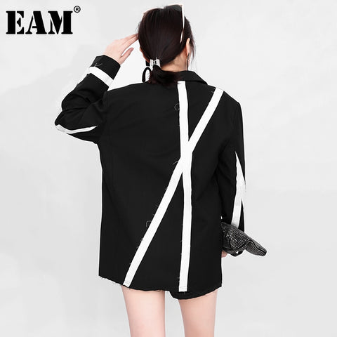 [EAM]  Women Black Color-block Oversized Blazer Lapel Long Sleeve Loose Fit Jacket Spring Autumn 2022 1DE116401