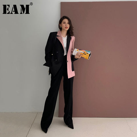 [EAM]  Women Black Contrast Color Big Size Blazer Lapel Long Sleeve Loose Fit  Jacket Tide Spring Autumn 2022 1W482