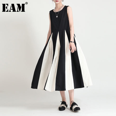 [EAM] Women Black Contrast Color Long Dress Round Neck Sleevelesss Loose Fit Tide Spring Summmer 2023 1DD7669