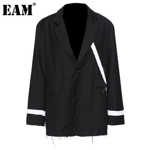 [EAM]  Women Black Contrast Color Oversized Blazer Lapel Long Sleeve Loose Fit Jacket Spring Autumn 2022 1DE1164