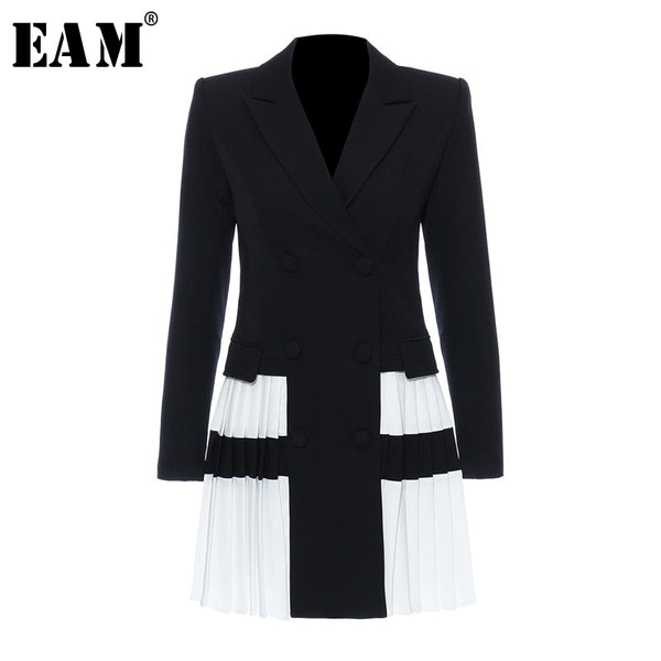 [EAM]  Women Black Contrast Color Pleated Blazer Lapel Long Sleeve Loose Fit  Jacket Tide Spring Autumn 2022 1T306