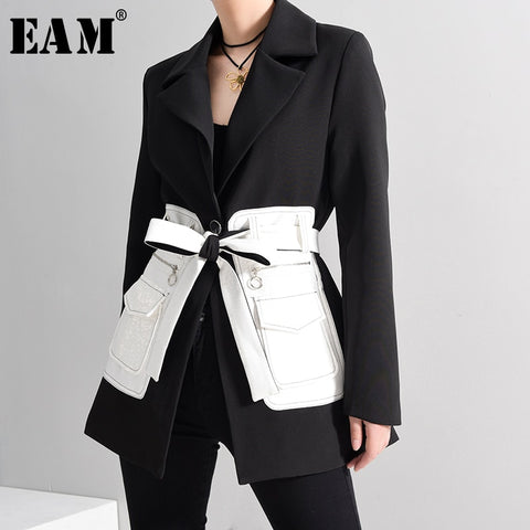 [EAM]  Women Black Contrast Color Pocket Blazer Lapel Long Sleeve Loose Fit  Jacket Tide Spring Autumn 2022 1S39401