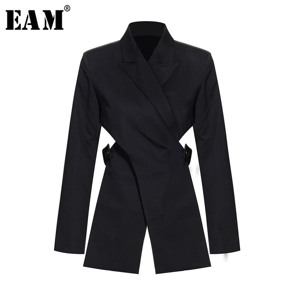 [EAM]  Women Black Cross Bandage Short Blazer Lapel Long Sleeve Loose Fit  Jacket Tide Spring Autumn 2022 1T126