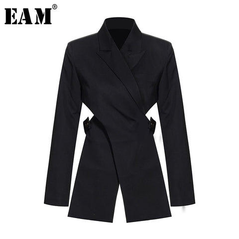 [EAM]  Women Black Cross Bandage Short Blazer Lapel Long Sleeve Loose Fit  Jacket Tide Spring Autumn 2022 1T126