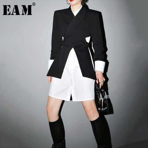 [EAM]  Women Black Cross Split Joint Blazer Lapel Long Sleeve Loose Fit  Jacket Tide Spring Autumn 2022 1T447