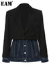 [EAM]  Women Black Denim Spliced Long Blazer Lapel Long Sleeve Loose Fit Jacket Tide Spring Autumn 2023 1DE1679