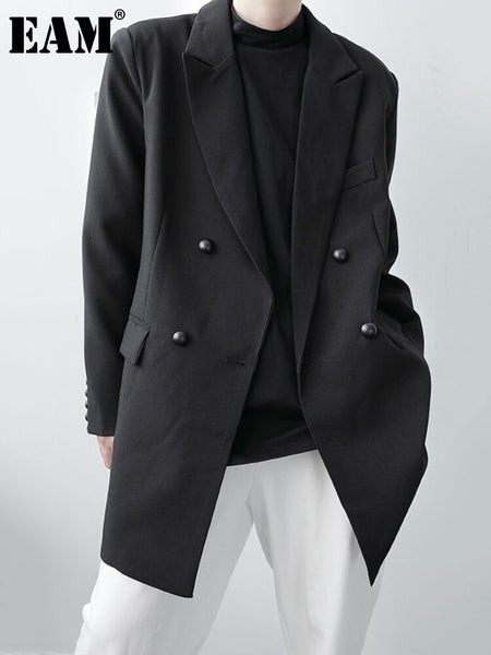 [EAM]  Women Black Double Breasted Big Size Blazer Lapel Long Sleeve Loose Fit Jacket Spring Autumn 2023 1DF0899