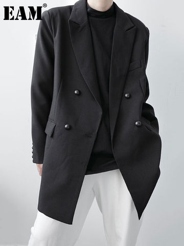 [EAM]  Women Black Double Breasted Big Size Blazer Lapel Long Sleeve Loose Fit Jacket Spring Autumn 2023 1DF0899