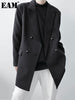 [EAM]  Women Black Double Breasted Big Size Blazer Lapel Long Sleeve Loose Fit Jacket Spring Autumn 2023 1DF0899