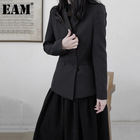 [EAM]  Women Black Double Breasted Blazer Lapel Long Sleeve Loose Fit  Jacket Tide Spring Autumn 2022 1DD0587