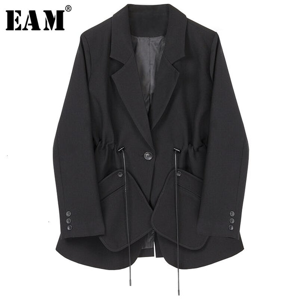 [EAM]  Women Black Drawstring Temperament Blazer Lapel Long Sleeve Loose Fit  Jacket Tide Spring Autumn 2022 1H792