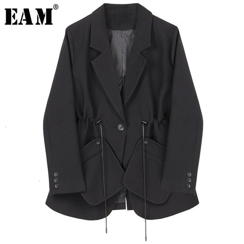 [EAM]  Women Black Drawstring Temperament Blazer Lapel Long Sleeve Loose Fit  Jacket Tide Spring Autumn 2022 1H792