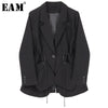 [EAM]  Women Black Drawstring Temperament Blazer Lapel Long Sleeve Loose Fit  Jacket Tide Spring Autumn 2022 1H792