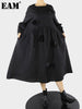 [EAM] Women Black Flower Big Size Midi Dress Round Neck Long Sleeve Loose Fit Tide Spring Autumn 2023 1DE4807