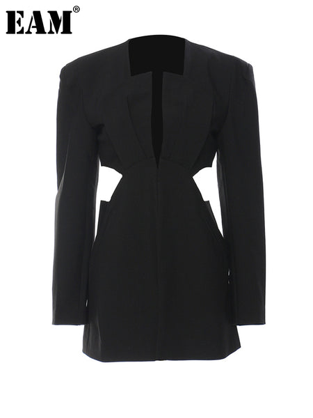 [EAM]  Women Black Hollow Out Elegant Blazer V-neck Long Sleeve Loose Fit Jacket Tide Spring Autumn 2023 1DE9889