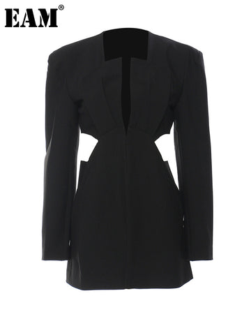 [EAM]  Women Black Hollow Out Elegant Blazer V-neck Long Sleeve Loose Fit Jacket Tide Spring Autumn 2023 1DE9889