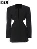 [EAM]  Women Black Hollow Out Elegant Blazer V-neck Long Sleeve Loose Fit Jacket Tide Spring Autumn 2023 1DE9889