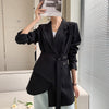 [EAM]  Women Black Irregular Belted Bandage Blazer Lapel Long Sleeve Loose Fit Jacket Spring Autumn 2022 1DE3387