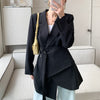 [EAM]  Women Black Irregular Belted Bandage Blazer Lapel Long Sleeve Loose Fit Jacket Spring Autumn 2022 1DE3387