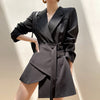 [EAM]  Women Black Irregular Belted Bandage Blazer Lapel Long Sleeve Loose Fit Jacket Spring Autumn 2022 1DE3387