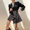 [EAM]  Women Black Irregular Belted Bandage Blazer Lapel Long Sleeve Loose Fit Jacket Spring Autumn 2022 1DE3387