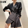 [EAM]  Women Black Irregular Belted Bandage Blazer Lapel Long Sleeve Loose Fit Jacket Spring Autumn 2022 1DE3387