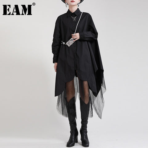 [EAM] Women Black Irregular Hem Big Size Shirt Dress Lapel Long Sleeve Loose Fit Tide Spring Autumn 2022 1DE2485