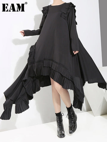 [EAM] Women Black Irregular Hem Ruffles Dress Round Neck Long Sleeve Loose Fit Tide Spring Autumn 2023 JI045