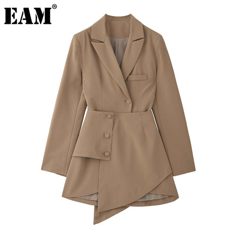 [EAM] Women Black Irregular Split Joint Button Dress Lapel Long Sleeve Loose Fit Tide Spring Autumn 2023 1Y787